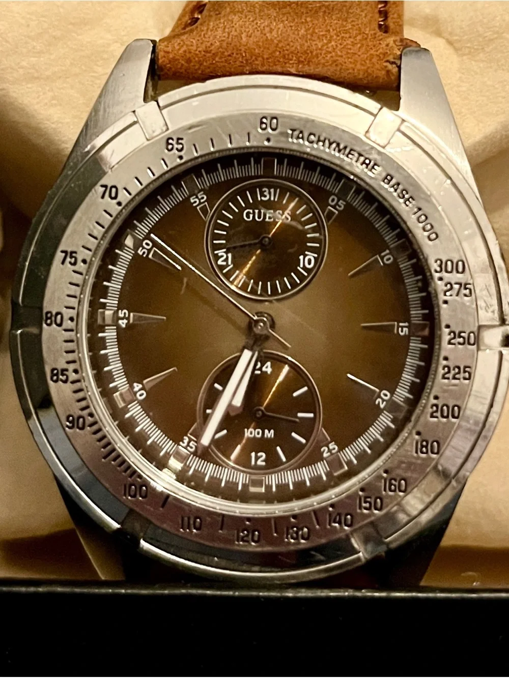 GUESS Silver Thick Bezel with Brown Dial and Tan Leather Strap | Excellent!